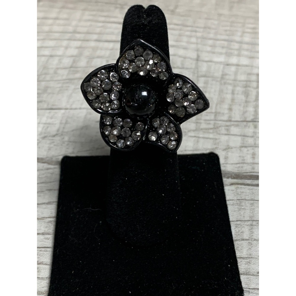 Black Flower Statement Ring Grey Rhinestone Cocktail Ring Size 6.5 Gothic Edgy